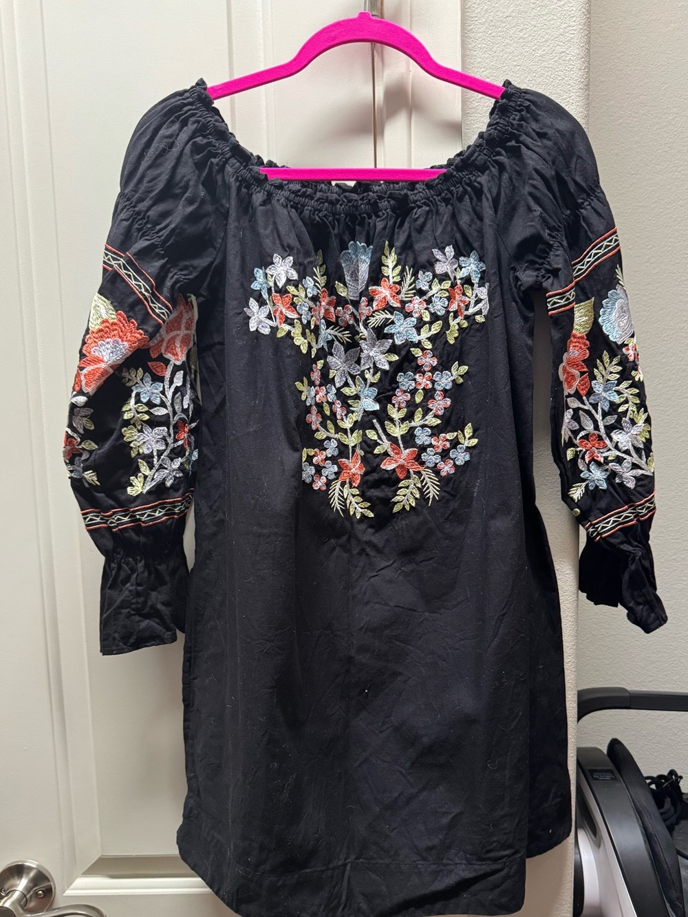 Free People Black Embroidered Off-Shoulder Mini Dress
